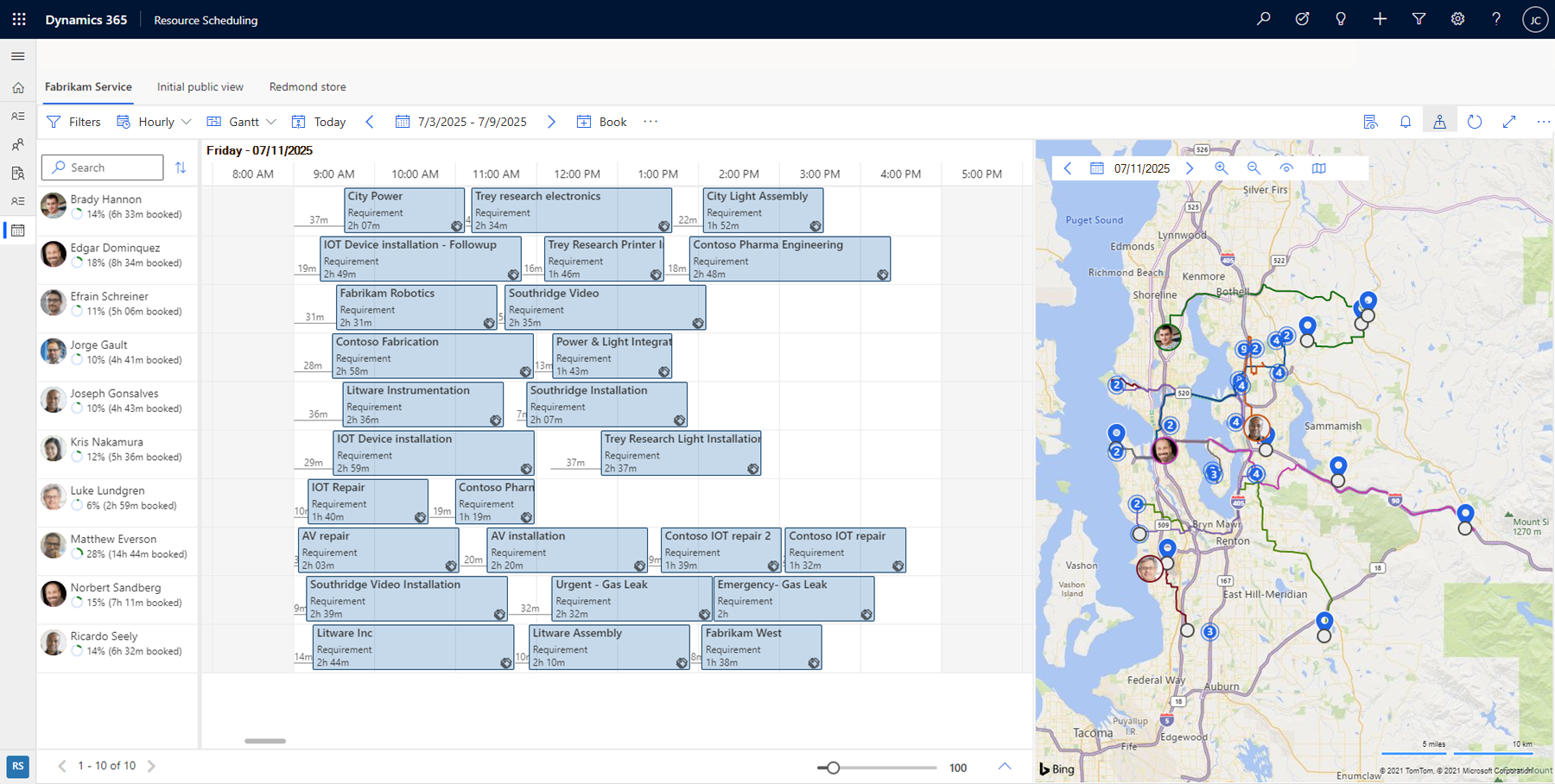 Scheduling and routing optimiser showing field staff job allocation across a daily timeline and route map